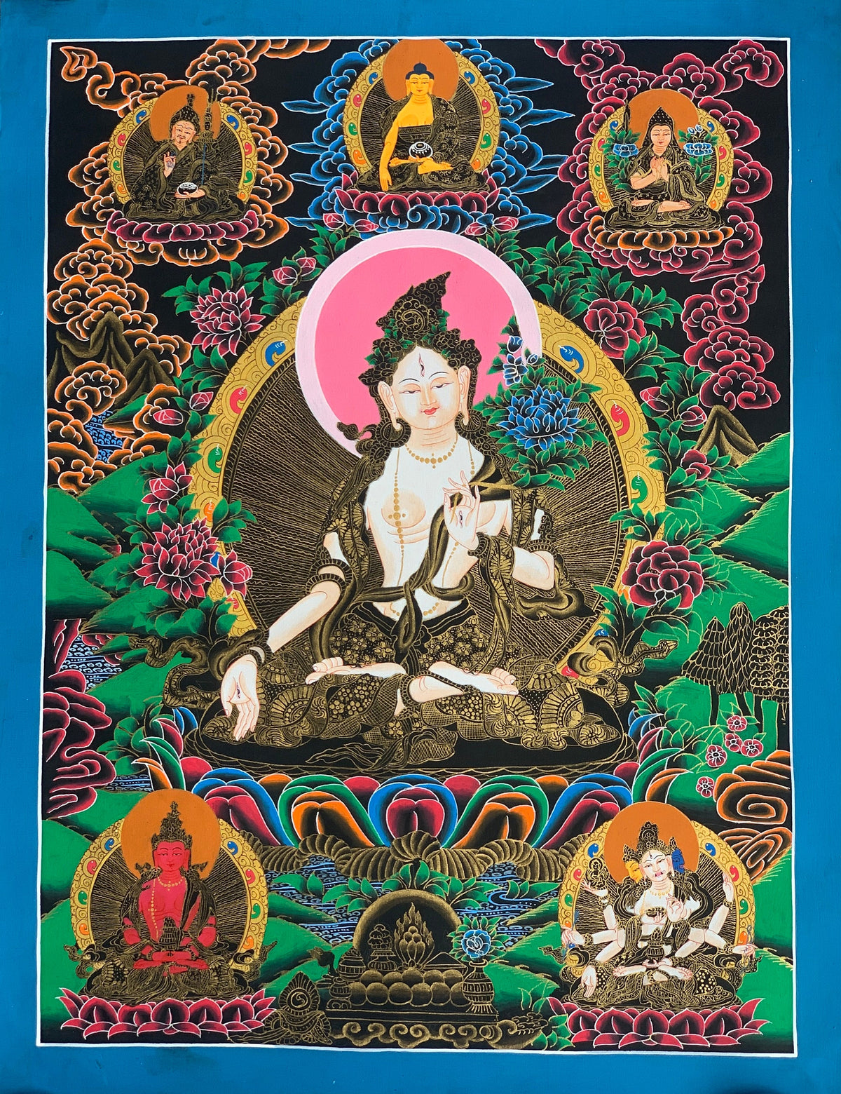White Tara, Sitatara, Mother Goddess, Tibetan Thangka, Thanka  Painting, Original Art  18 x 24 Inch