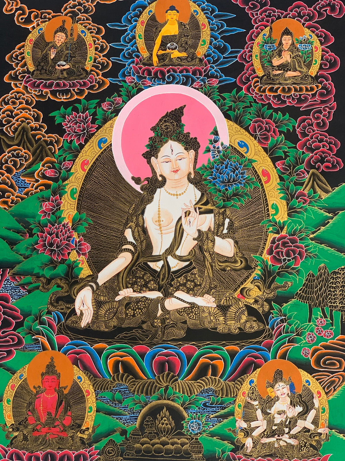 White Tara, Sitatara, Mother Goddess, Tibetan Thangka, Thanka  Painting, Original Art  18 x 24 Inch