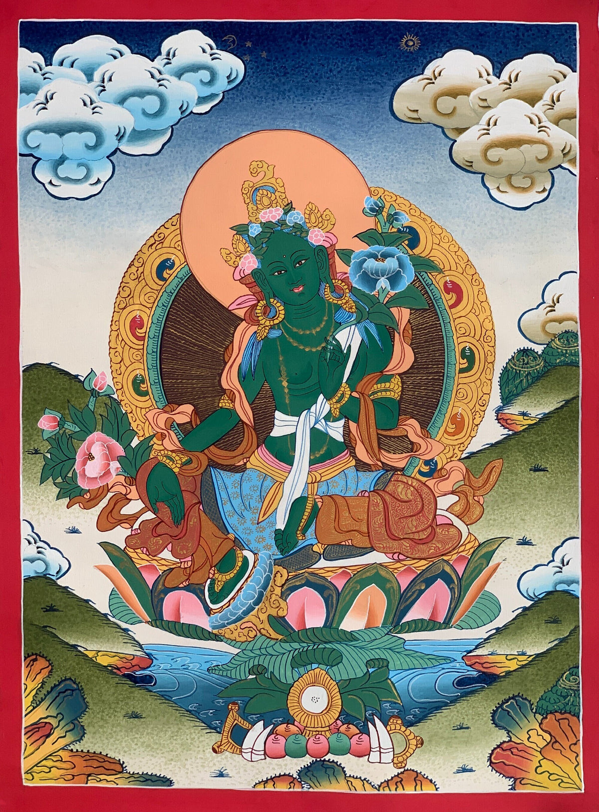 Green  Tara, Shyamatara, Goddess of Compassion, High Quality Thangka Painting, Original Art  14 x19 Inch