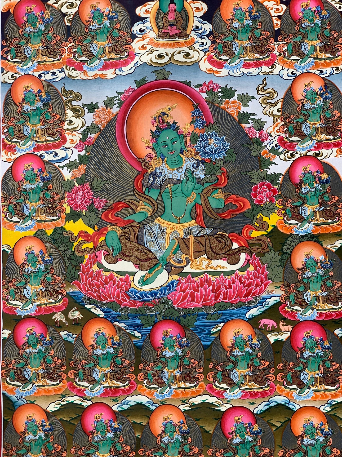 Hand-Painted 21 Green Tara Thangka Painting on Silk Brocade