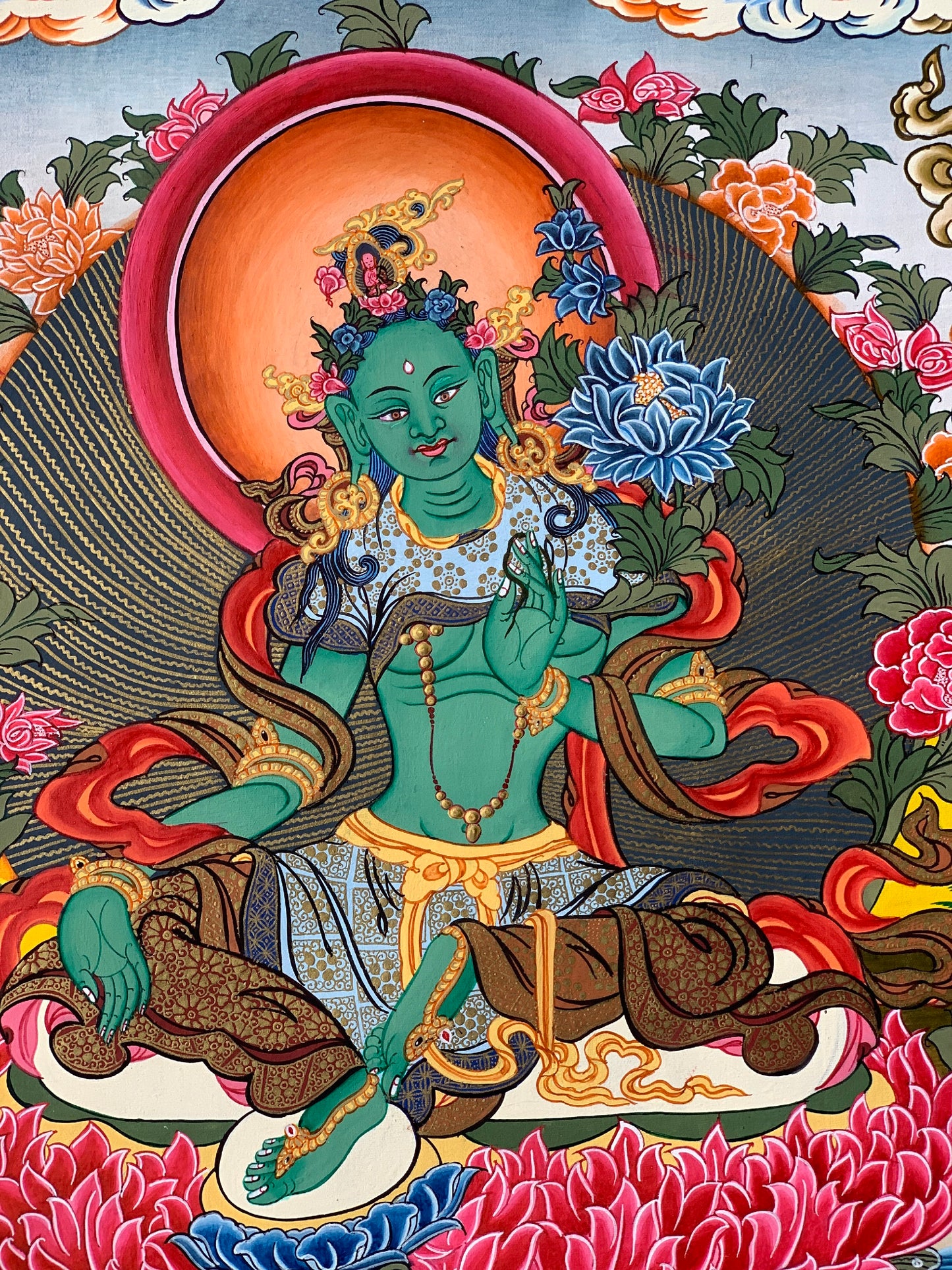 Hand-Painted 21 Green Tara Thangka Painting on Silk Brocade
