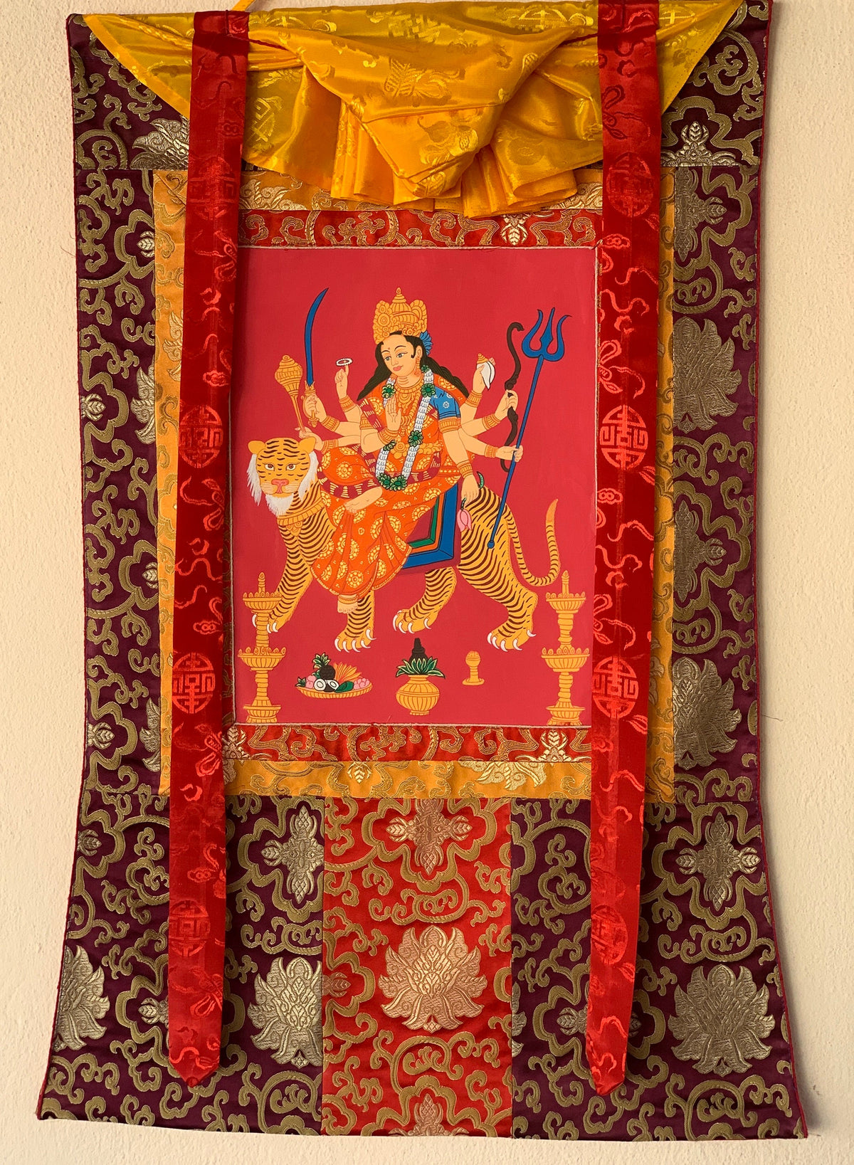 Devi Durga, Jagadamba, Thangka Painting, Original Art  with Silk Frame ( Brocade)