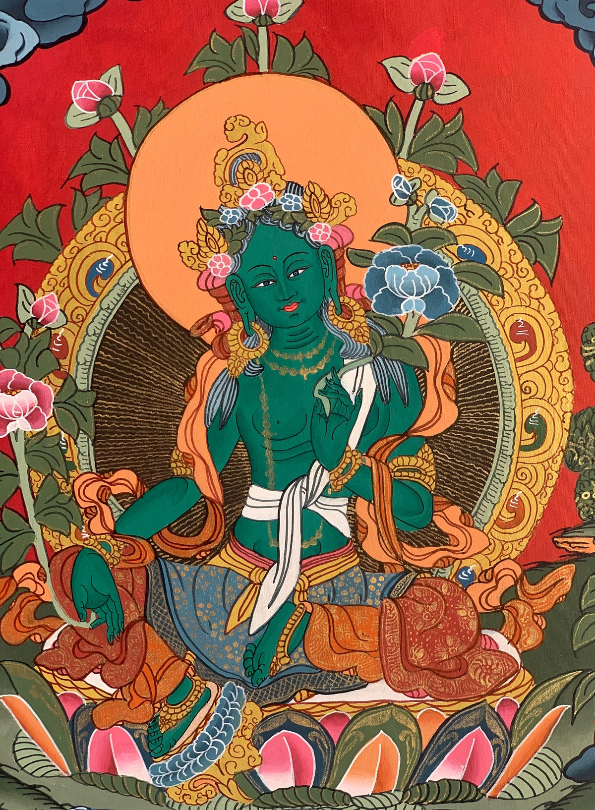 Handcrafted Green Tara Thangka Painting  Silk Framed Buddhist Art