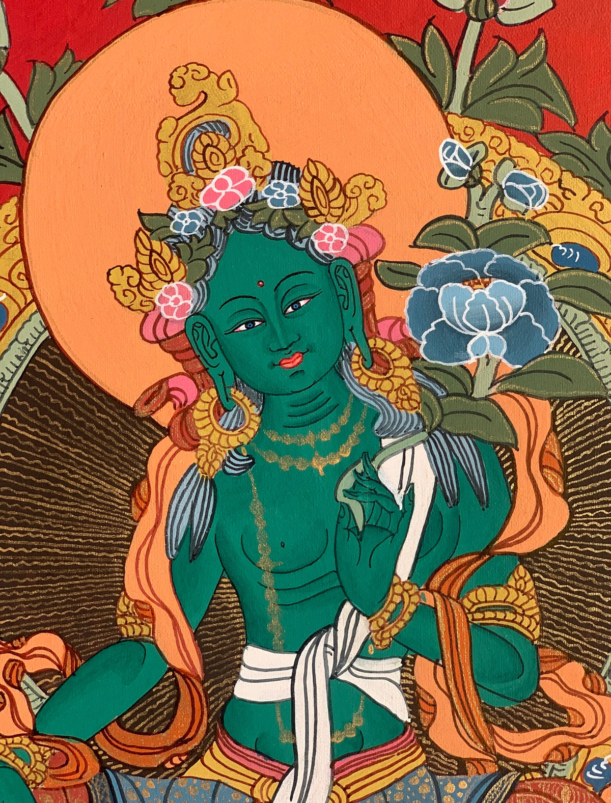 Handcrafted Green Tara Thangka Painting  Silk Framed Buddhist Art
