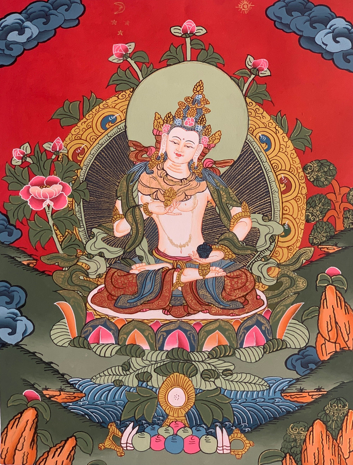 Vajrasattva, Dorje Sempa, Dhyani Buddha, Thangka Painting, Original Art 11 x14 Inch