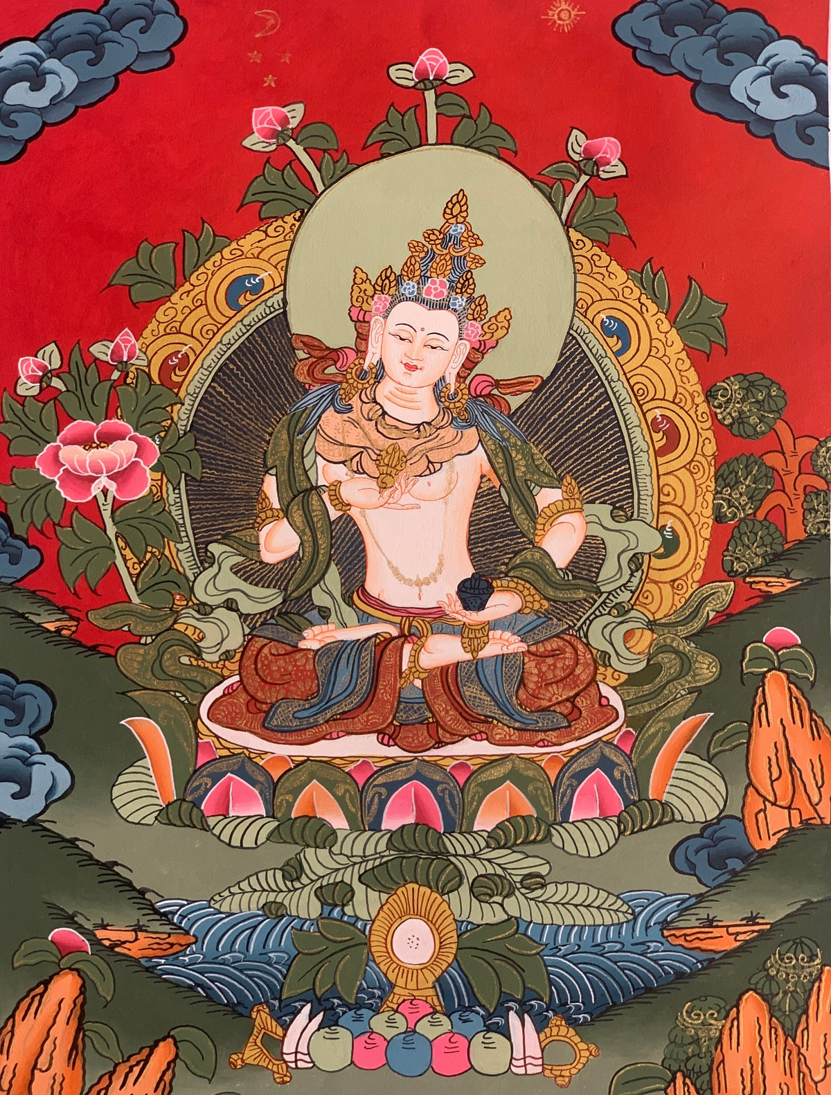 Vajrasattva, Dorje Sempa, Dhyani Buddha, Thangka Painting, Original Art 11 x14 Inch
