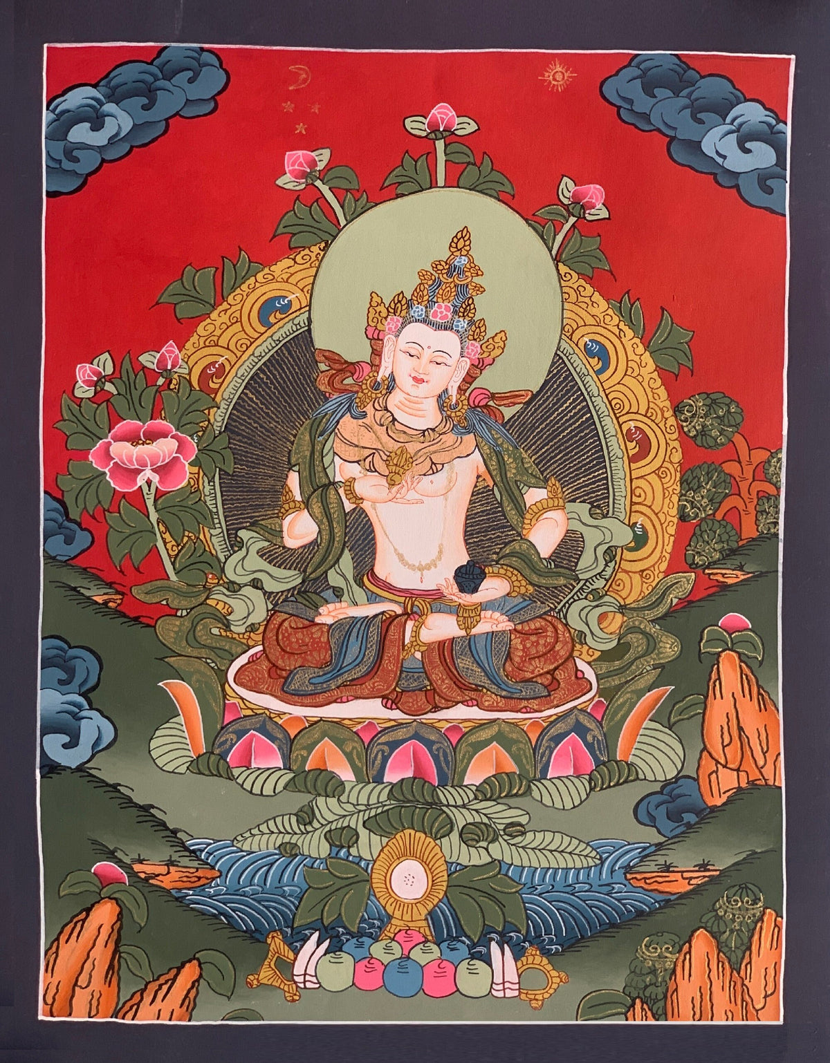 Vajrasattva, Dorje Sempa, Dhyani Buddha, Thangka Painting, Original Art 11 x14 Inch