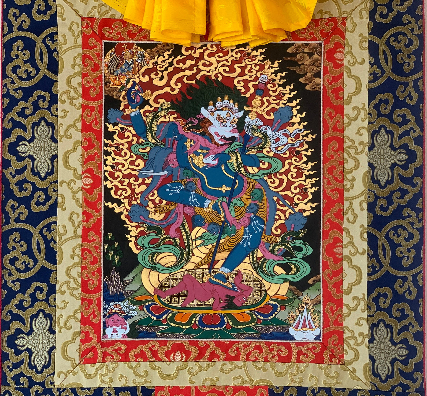 Hand-Painted Simhamukhi Yogini Lion-Faced Dakini Vajra Yogini Tibetan Thangka Painting Bordered with Silk