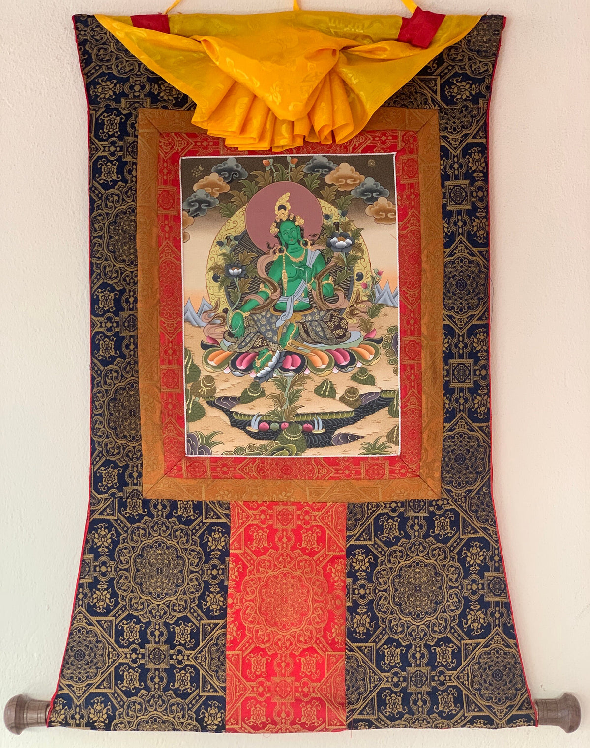 Green Tara Thangka Painting: Silk Framed Goddess of Compassion