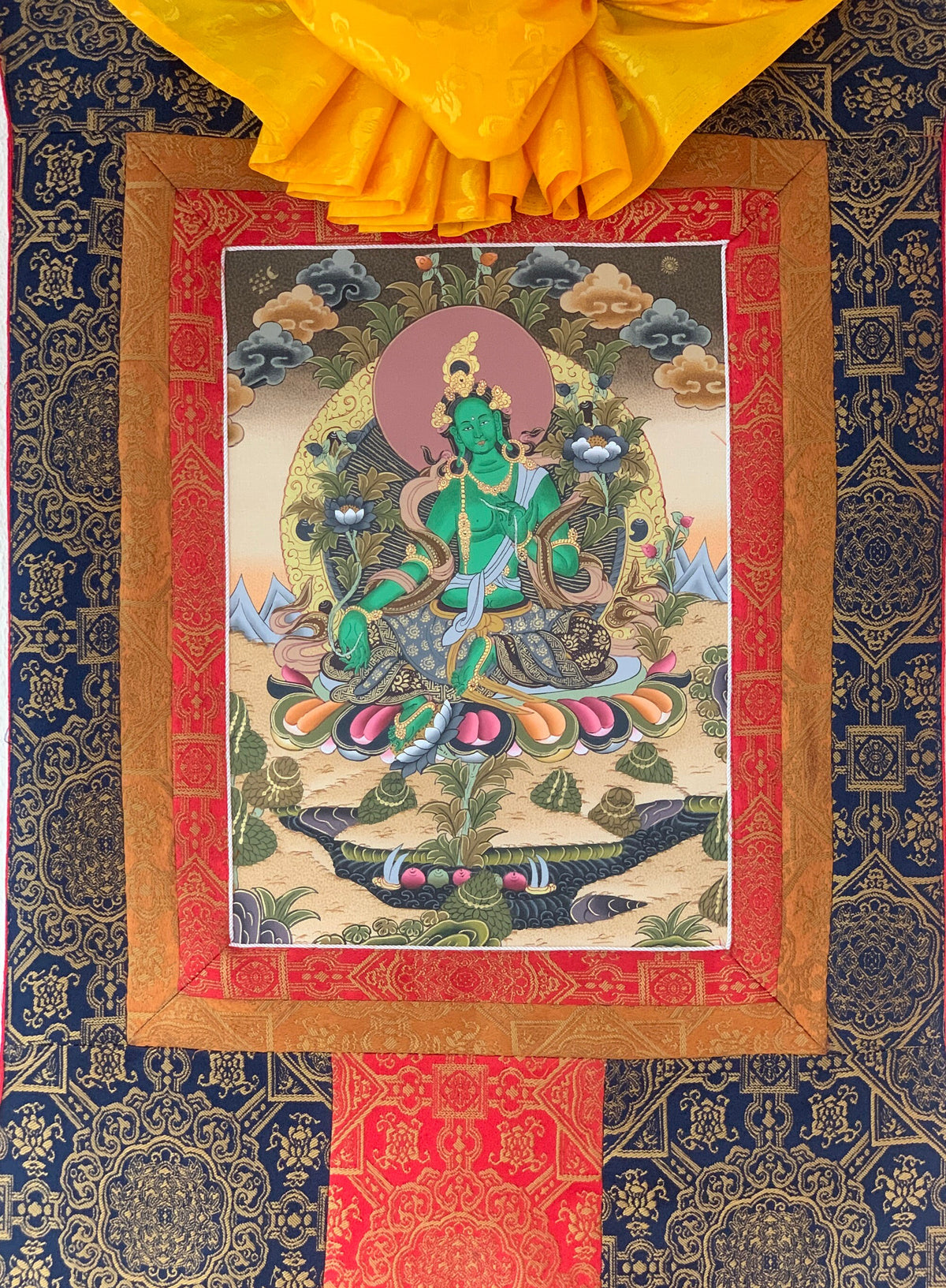 Green Tara Thangka Painting: Silk Framed Goddess of Compassion