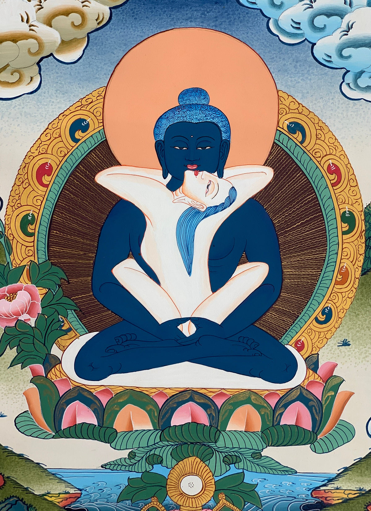 Buddha Shakti/ Samantabhadra Master Quality Tibetan Thangka Painting, Original Art with Premium Silk Brocade