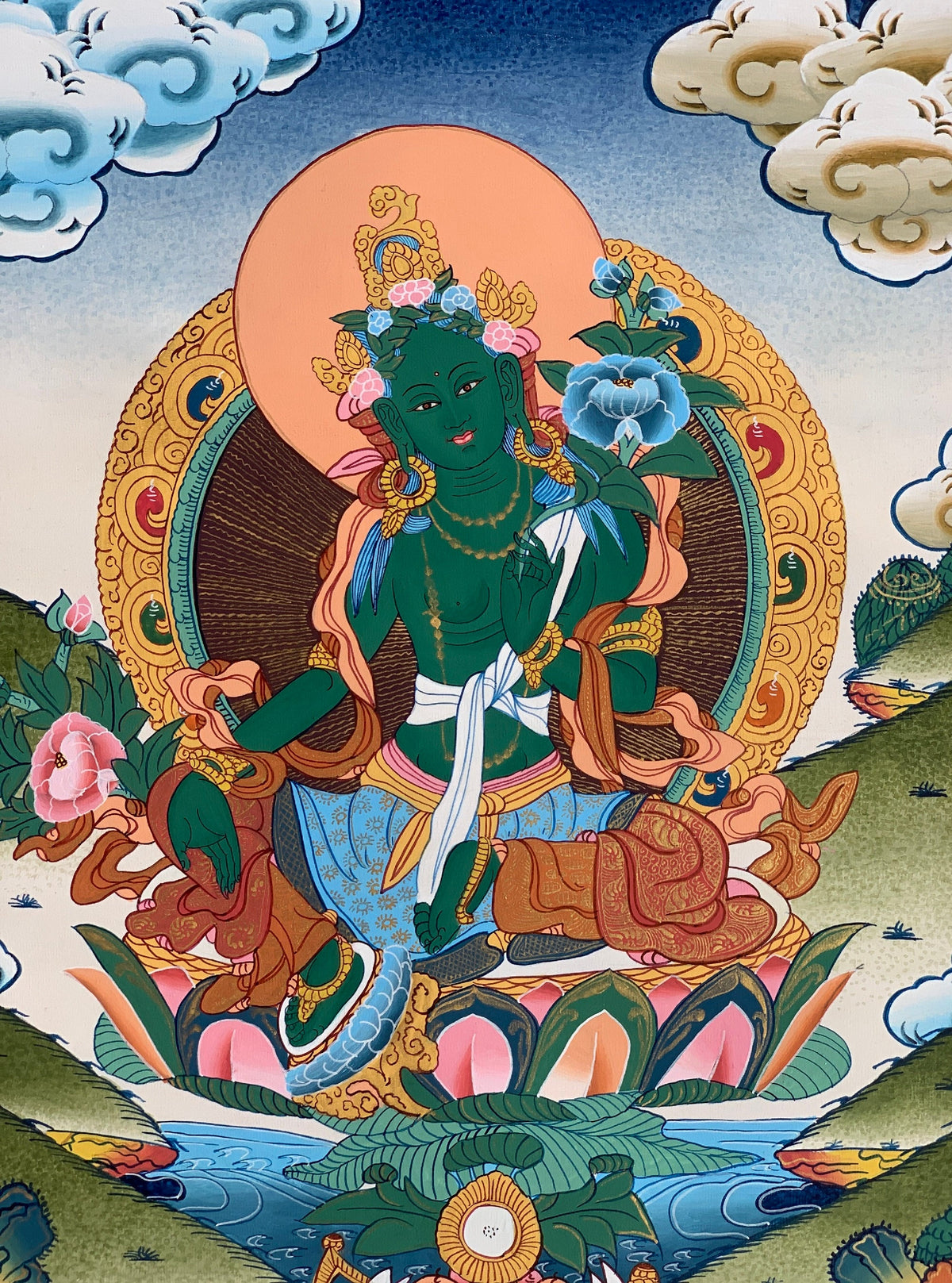 Green  Tara, Shyamatara, Goddess of Compassion, High Quality Thangka Painting, Original Art  14 x19 Inch