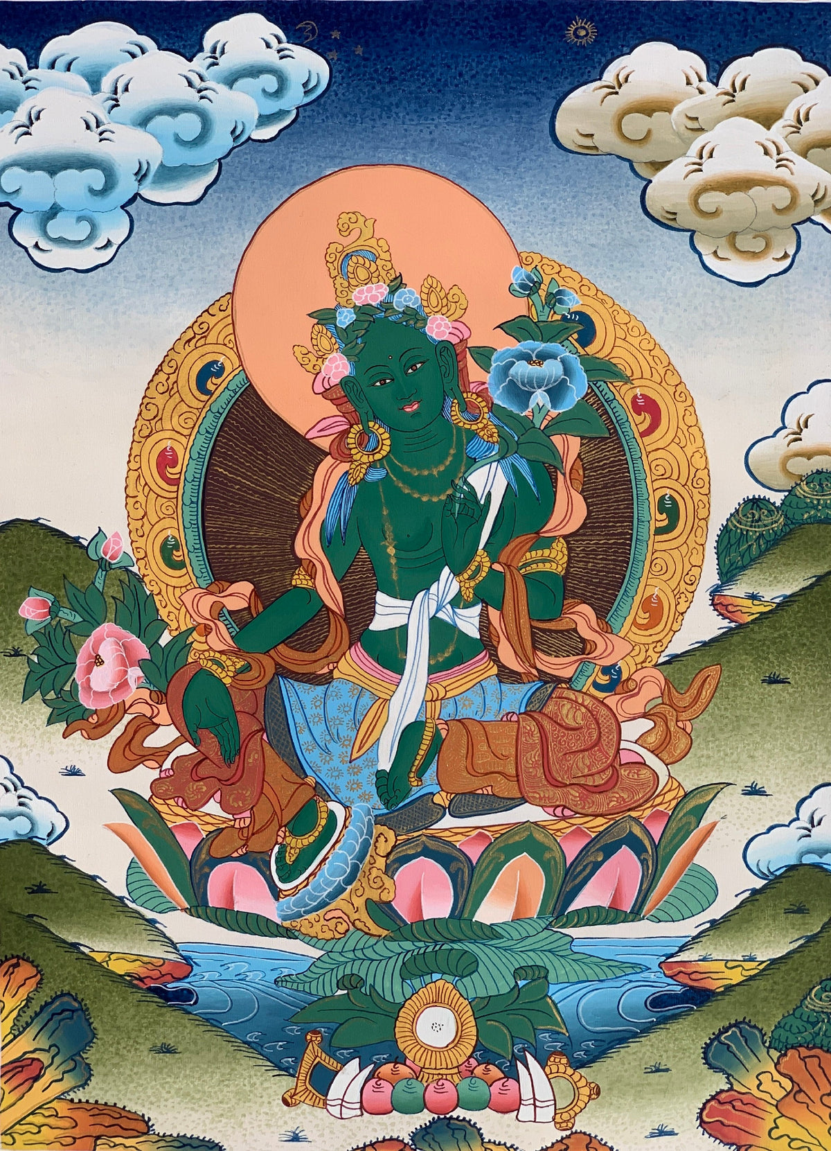 Green  Tara, Shyamatara, Goddess of Compassion, High Quality Thangka Painting, Original Art  14 x19 Inch