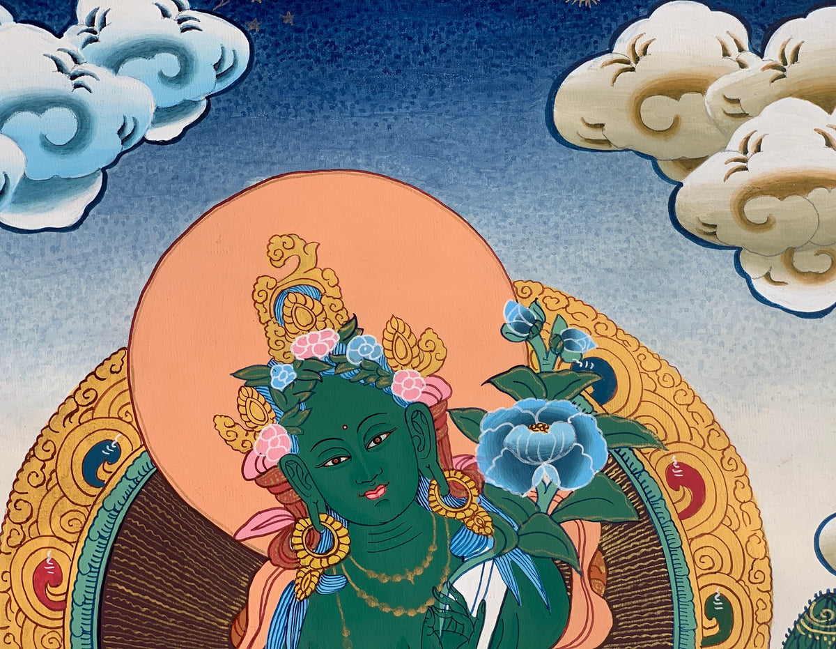 Green  Tara, Shyamatara, Goddess of Compassion, High Quality Thangka Painting, Original Art  14 x19 Inch