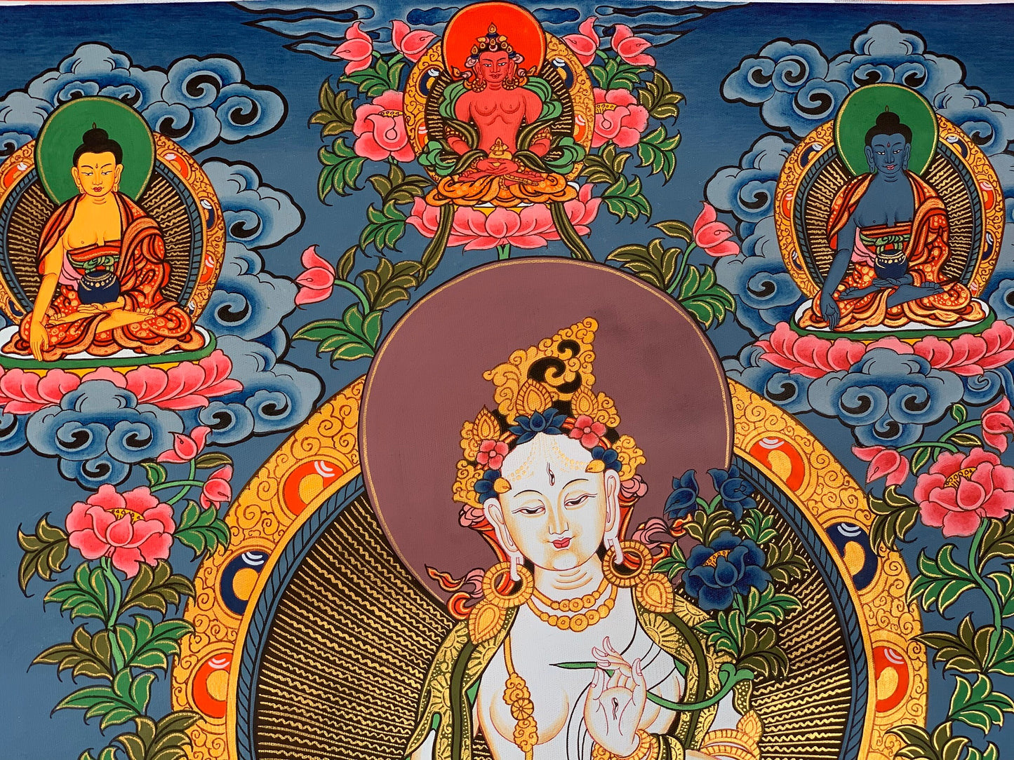 Hand-Painted White Tara Thangka Painting - Tibetan Mother Goddess Art