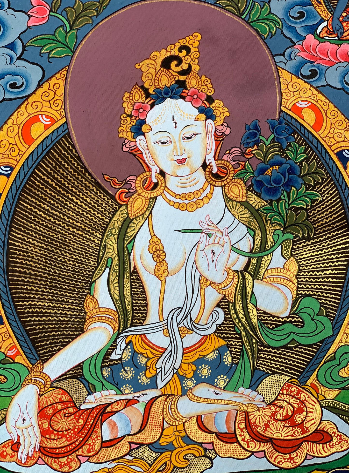 Hand-Painted White Tara Thangka Painting - Tibetan Mother Goddess Art
