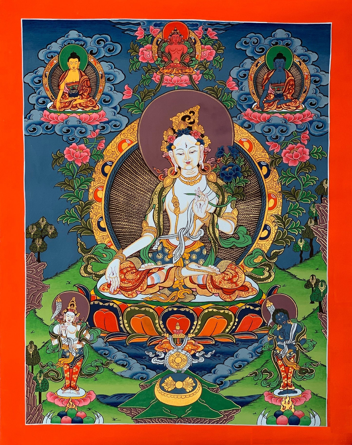 Hand-Painted White Tara Thangka Painting - Tibetan Mother Goddess Art