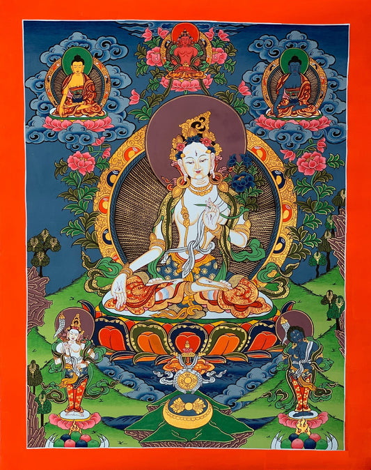 Hand-Painted White Tara Thangka Painting - Tibetan Mother Goddess Art