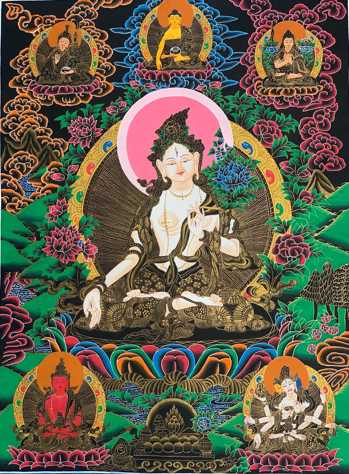 White Tara, Sitatara, Mother Goddess, Tibetan Thangka, Thanka  Painting, Original Art  18 x 24 Inch