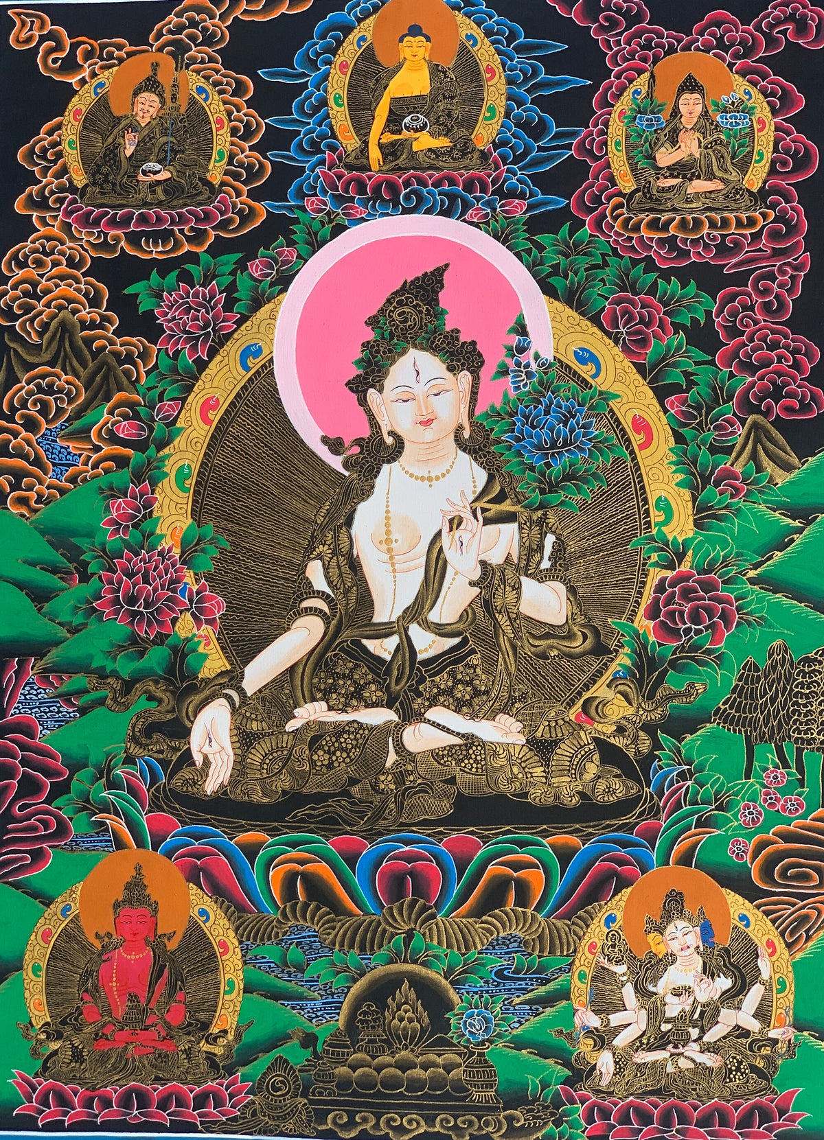 White Tara, Sitatara, Mother Goddess, Tibetan Thangka, Thanka  Painting, Original Art  18 x 24 Inch