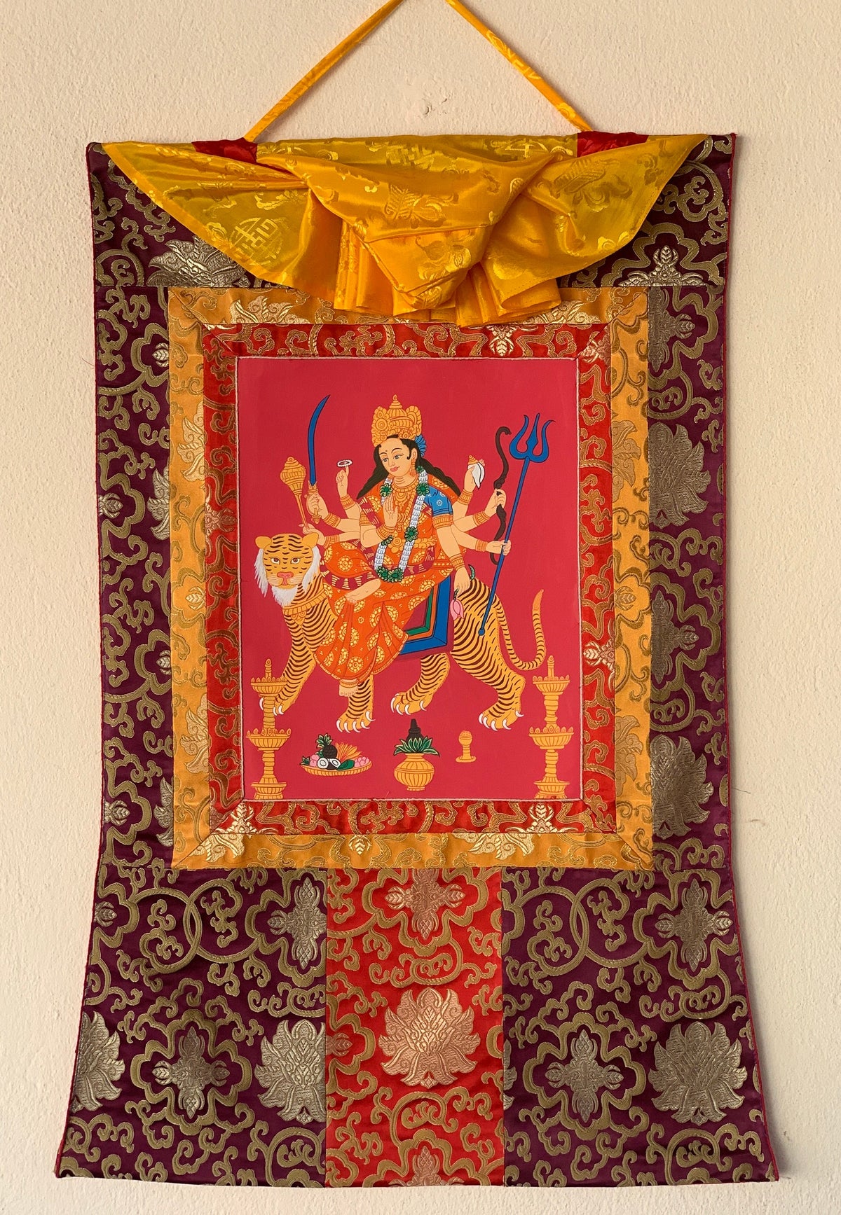 Devi Durga, Jagadamba, Thangka Painting, Original Art  with Silk Frame ( Brocade)