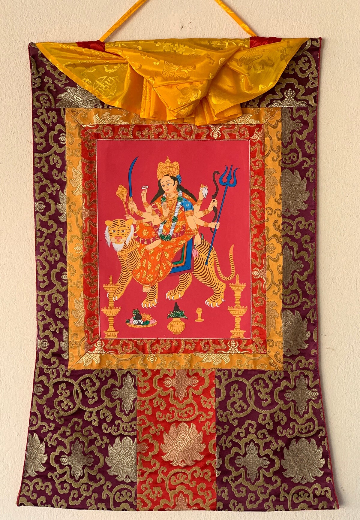 Devi Durga, Jagadamba, Thangka Painting, Original Art  with Silk Frame ( Brocade)