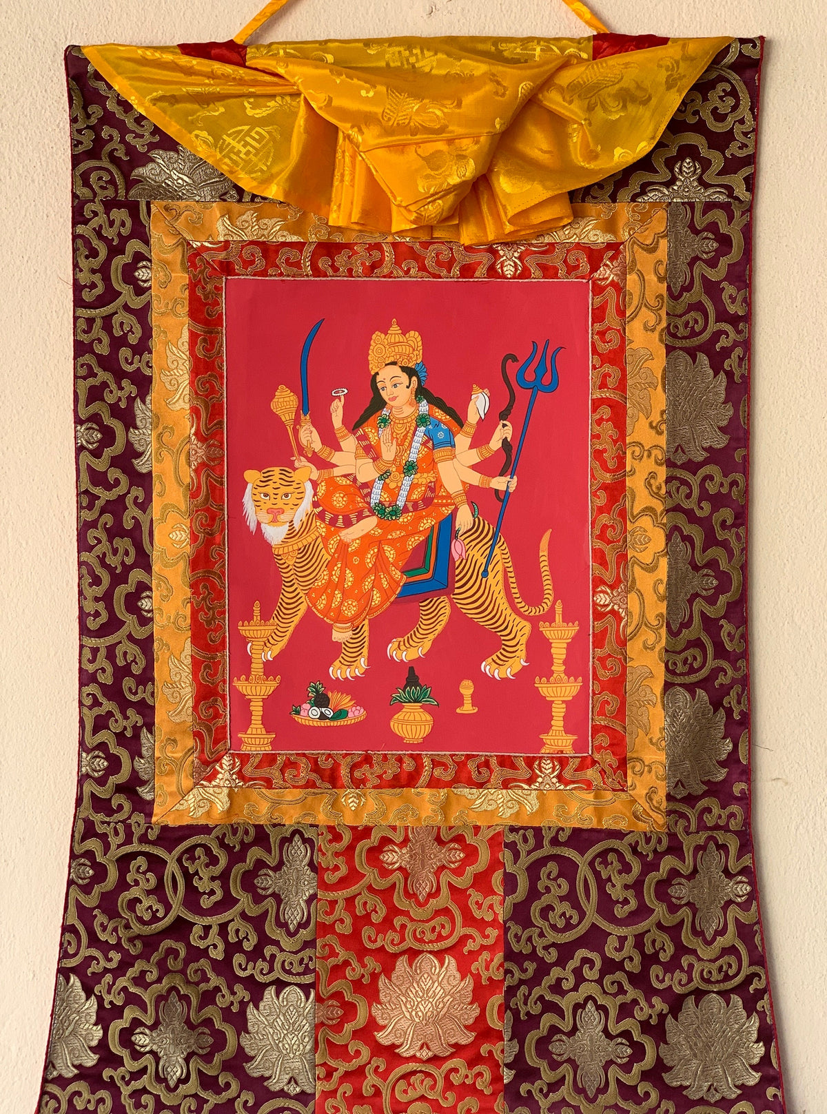 Devi Durga, Jagadamba, Thangka Painting, Original Art  with Silk Frame ( Brocade)