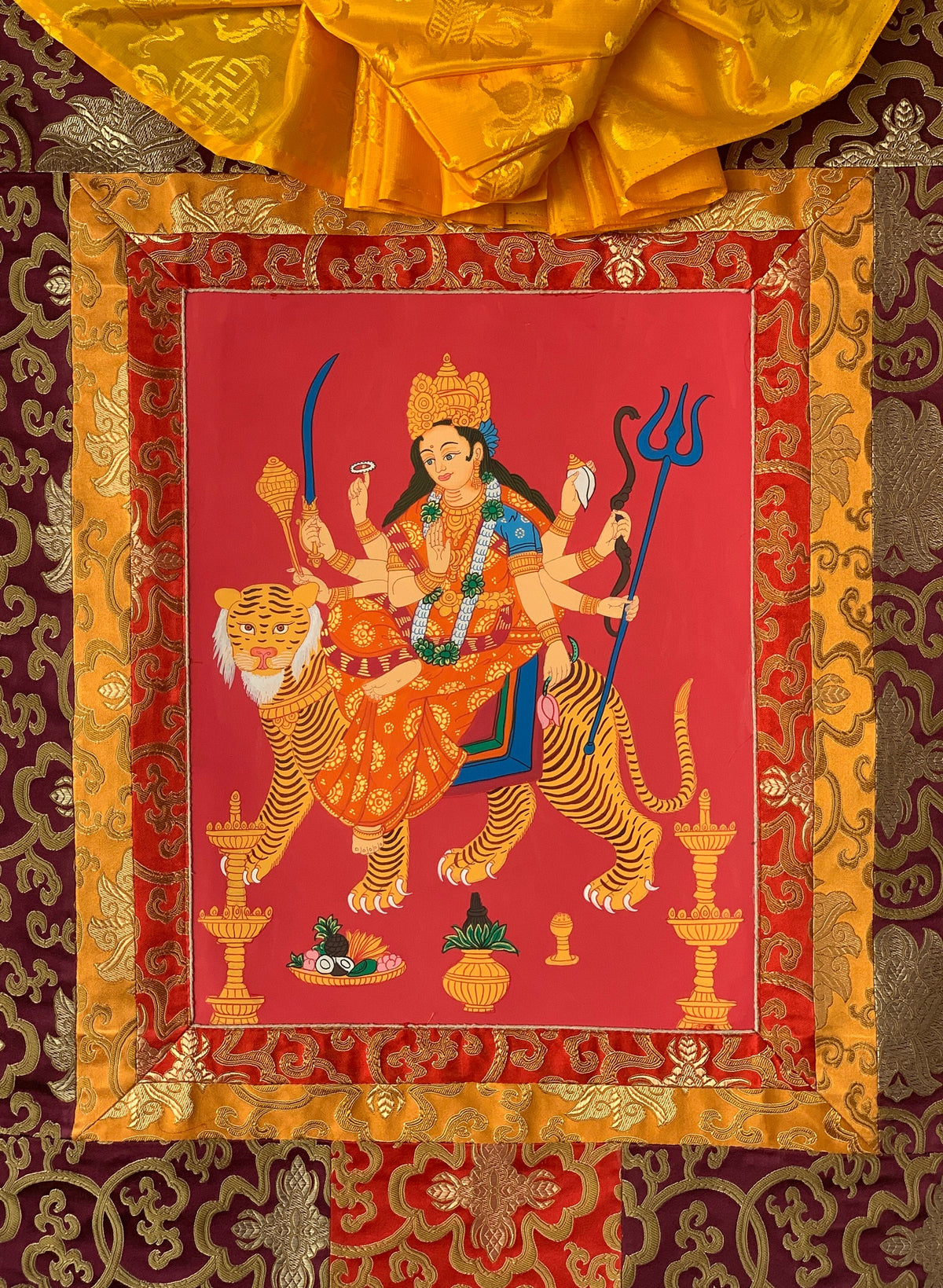 Devi Durga, Jagadamba, Thangka Painting, Original Art  with Silk Frame ( Brocade)