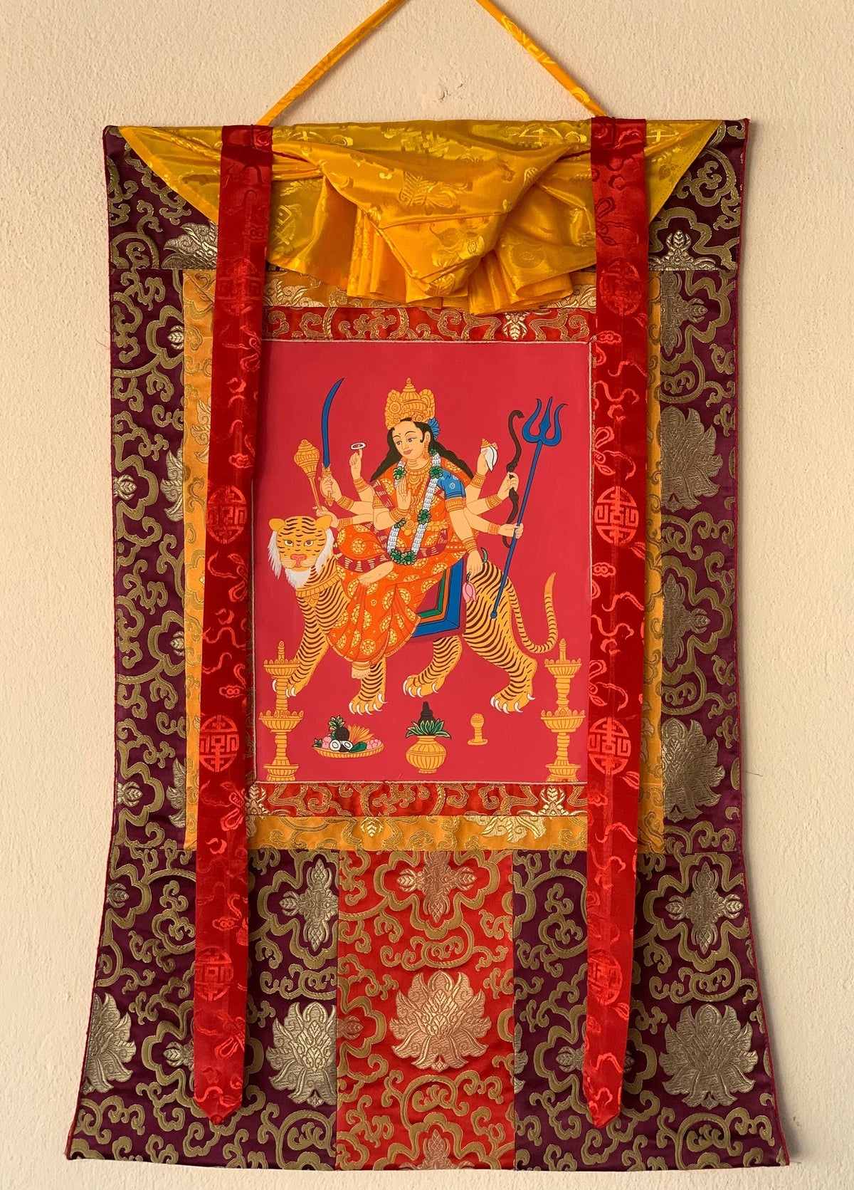 Devi Durga, Jagadamba, Thangka Painting, Original Art  with Silk Frame ( Brocade)