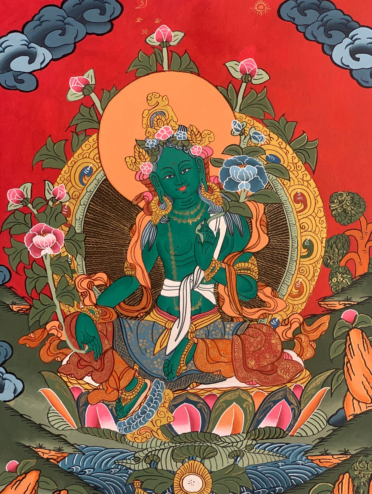 Handcrafted Green Tara Thangka Painting  Silk Framed Buddhist Art