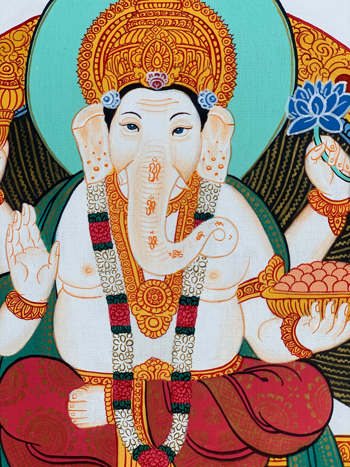 Lord Ganesha Thangka Painting, Hindu Art with Silk Frame