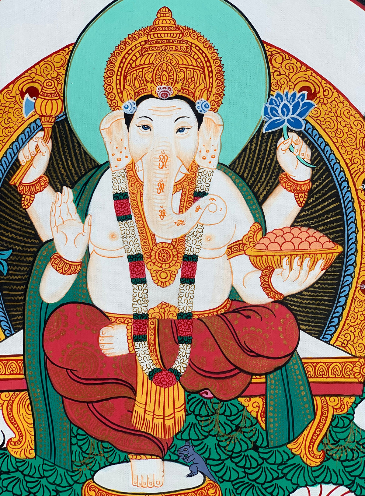 Lord Ganesha Thangka Painting, Hindu Art with Silk Frame