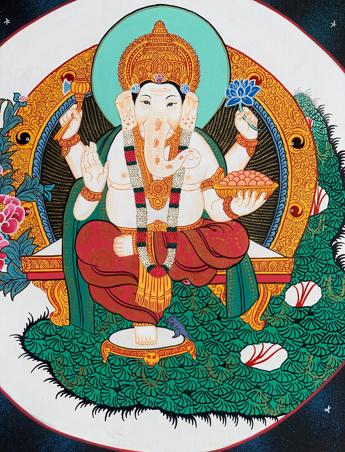 Lord Ganesha Thangka Painting, Hindu Art with Silk Frame