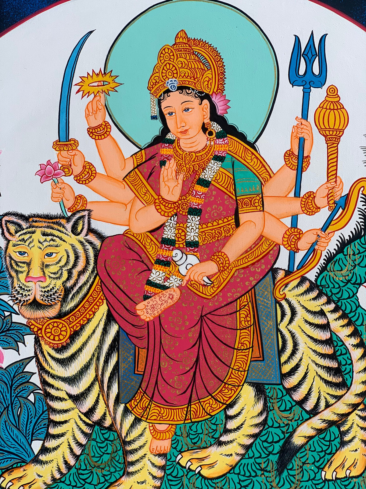 Goddess Durga, Jagdamba, Navadurga, Thangka Painting, Original Art  with Silk Brocade