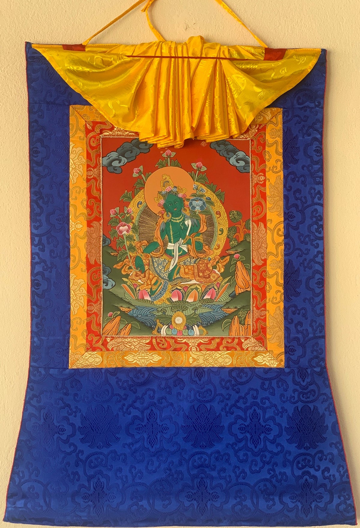 Handcrafted Green Tara Thangka Painting  Silk Framed Buddhist Art