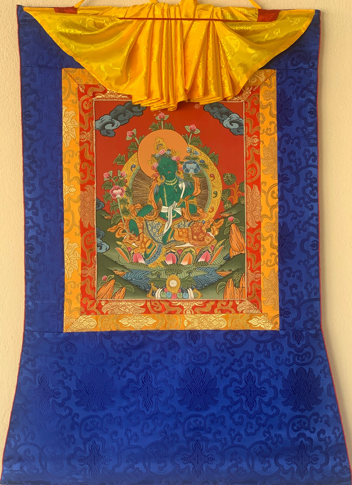Handcrafted Green Tara Thangka Painting  Silk Framed Buddhist Art