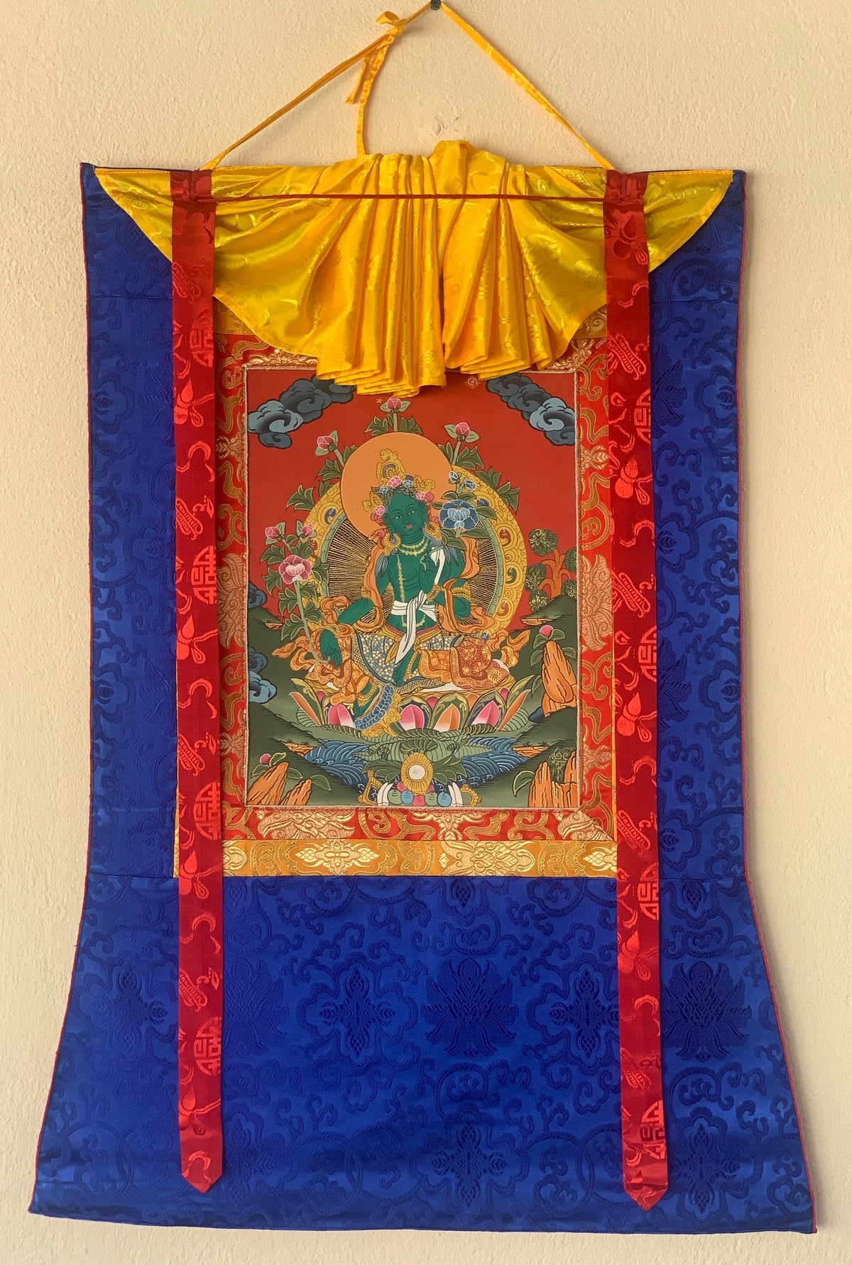 Handcrafted Green Tara Thangka Painting  Silk Framed Buddhist Art