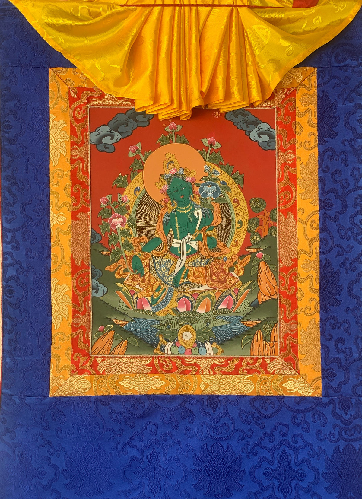 Handcrafted Green Tara Thangka Painting  Silk Framed Buddhist Art