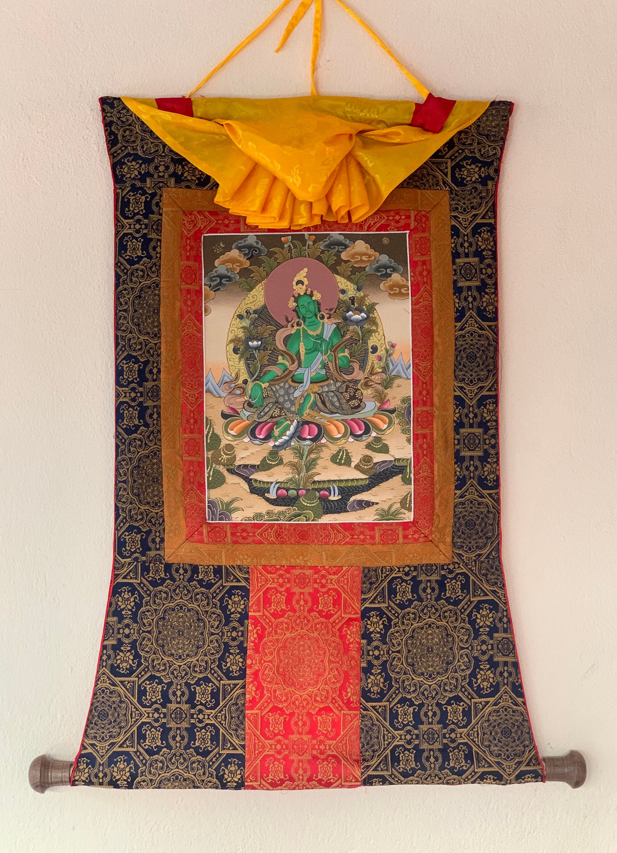 Green Tara Thangka Painting: Silk Framed Goddess of Compassion