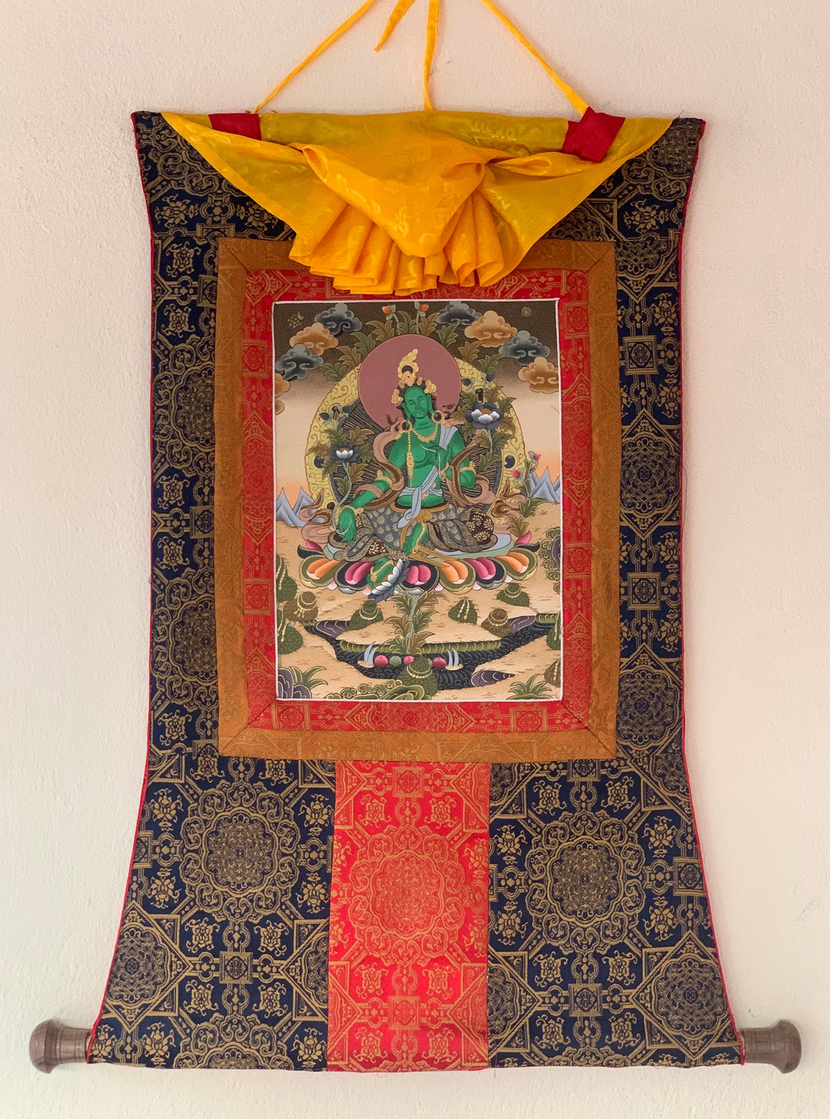 Green Tara Thangka Painting: Silk Framed Goddess of Compassion
