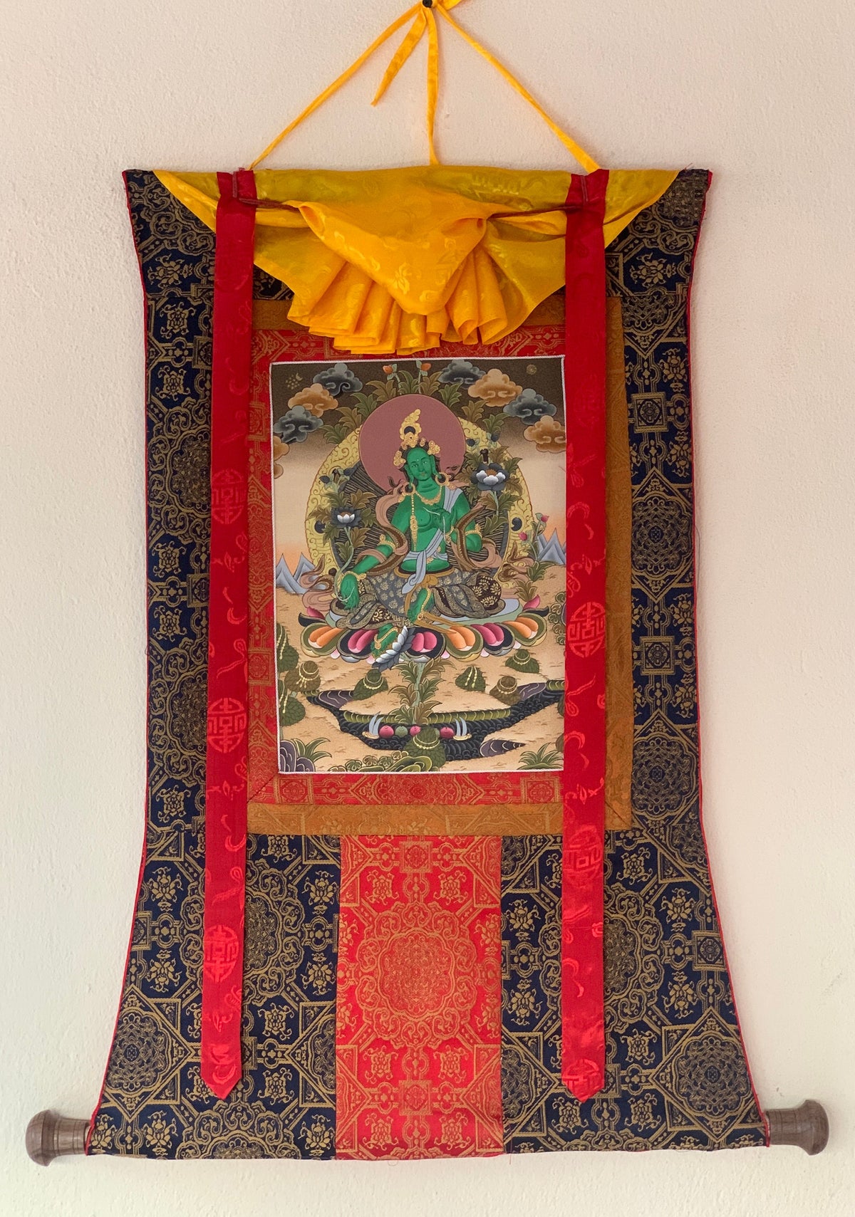 Green Tara Thangka Painting: Silk Framed Goddess of Compassion