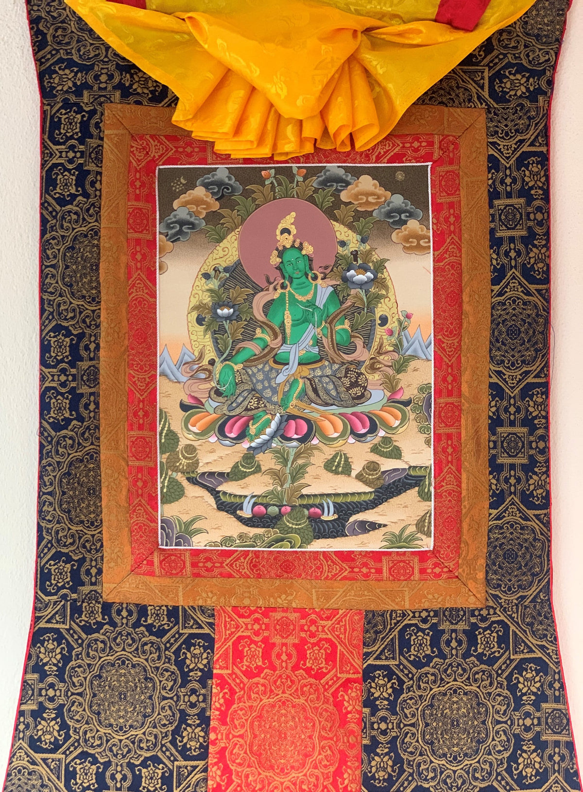 Green Tara Thangka Painting: Silk Framed Goddess of Compassion