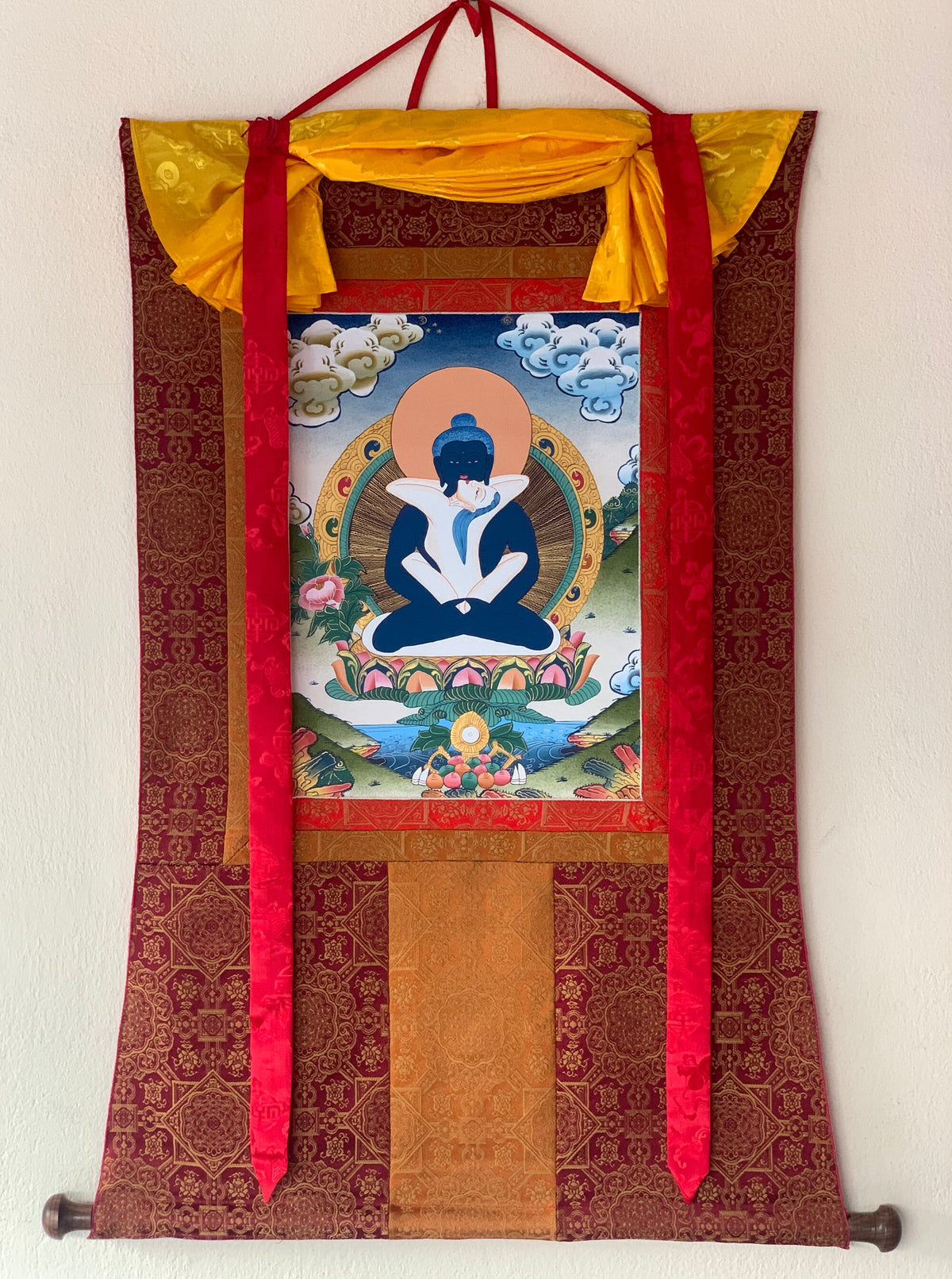 Buddha Shakti/ Samantabhadra Master Quality Tibetan Thangka Painting, Original Art with Premium Silk Brocade