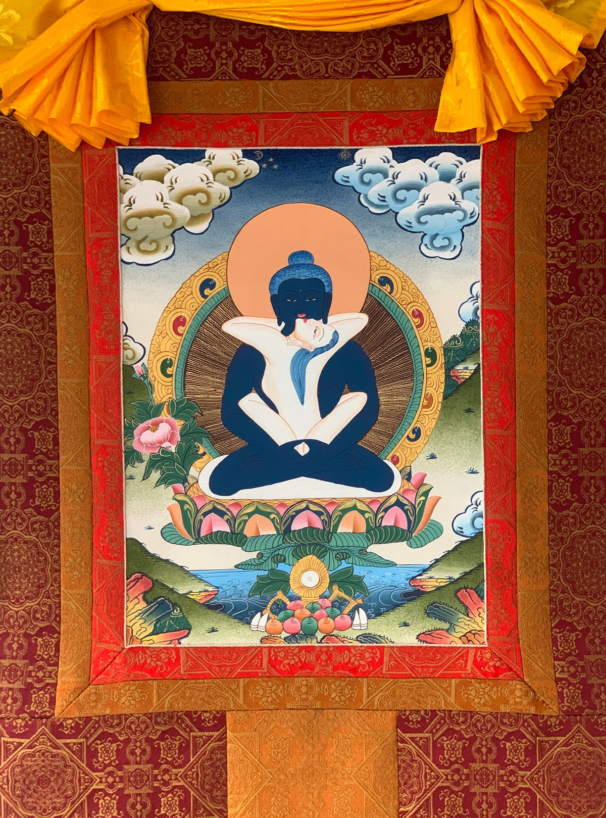 Buddha Shakti/ Samantabhadra Master Quality Tibetan Thangka Painting, Original Art with Premium Silk Brocade