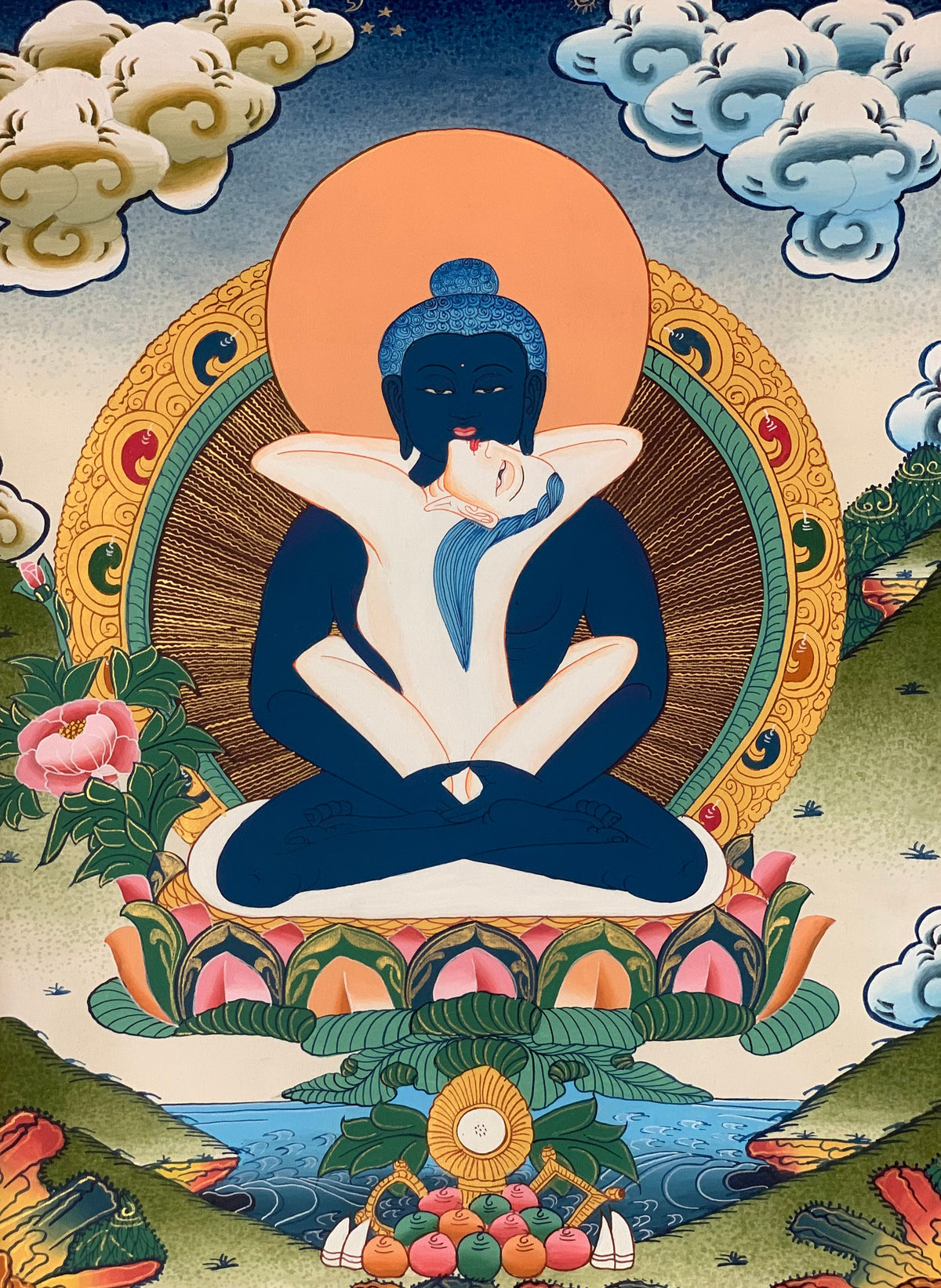 Buddha Shakti/ Samantabhadra Master Quality Tibetan Thangka Painting, Original Art with Premium Silk Brocade
