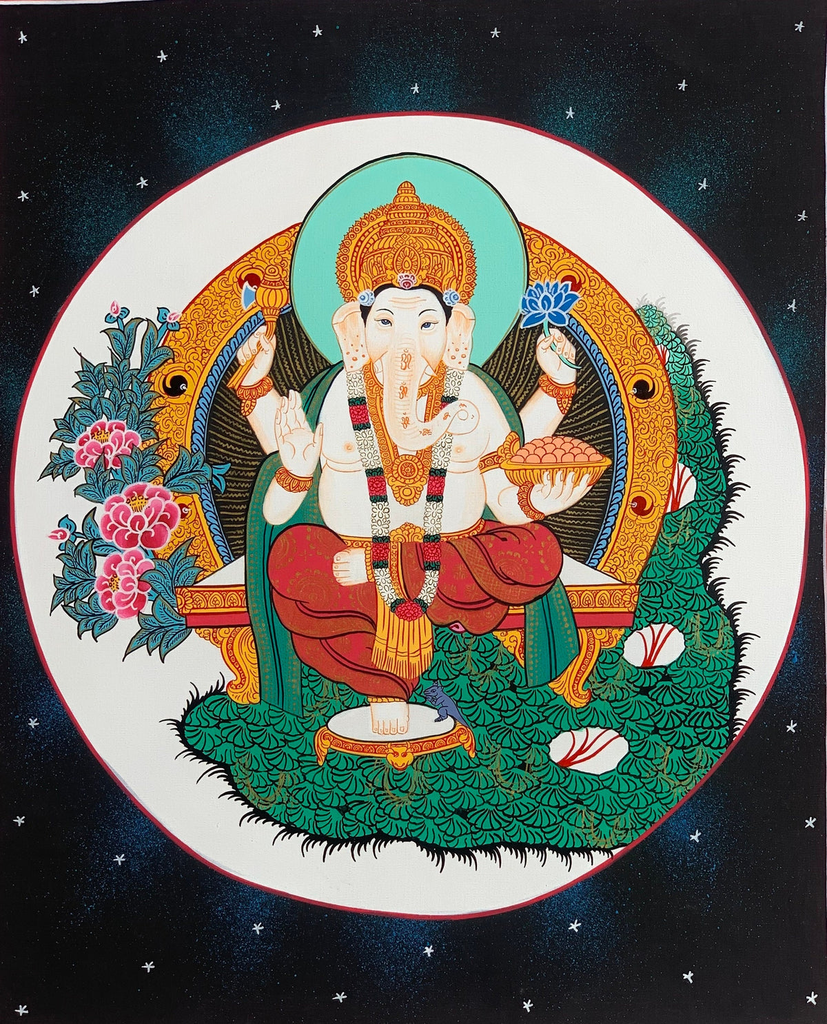 Lord Ganesha Thangka Painting, Hindu Art with Silk Frame