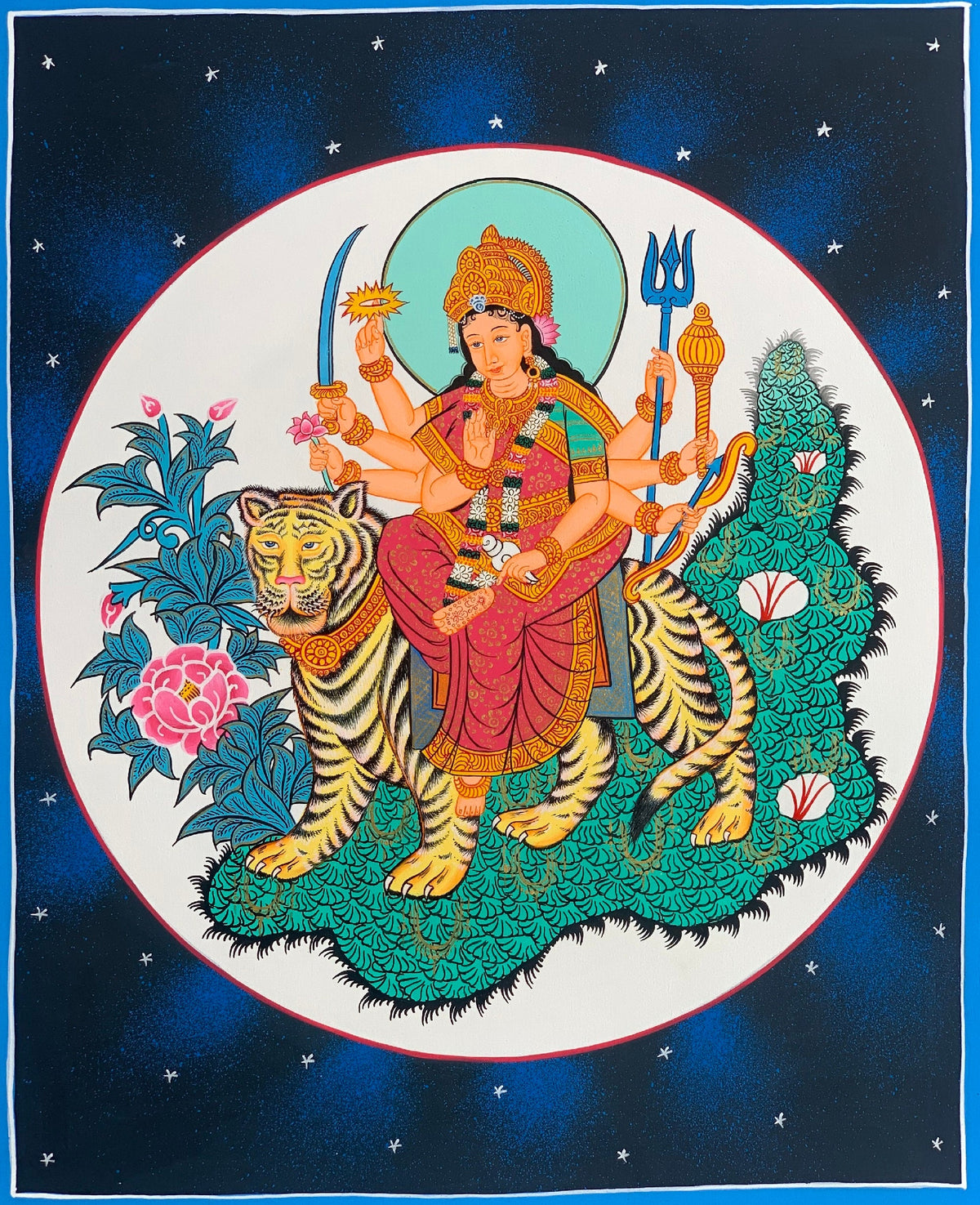 Goddess Durga, Jagdamba, Navadurga, Thangka Painting, Original Art  with Silk Brocade