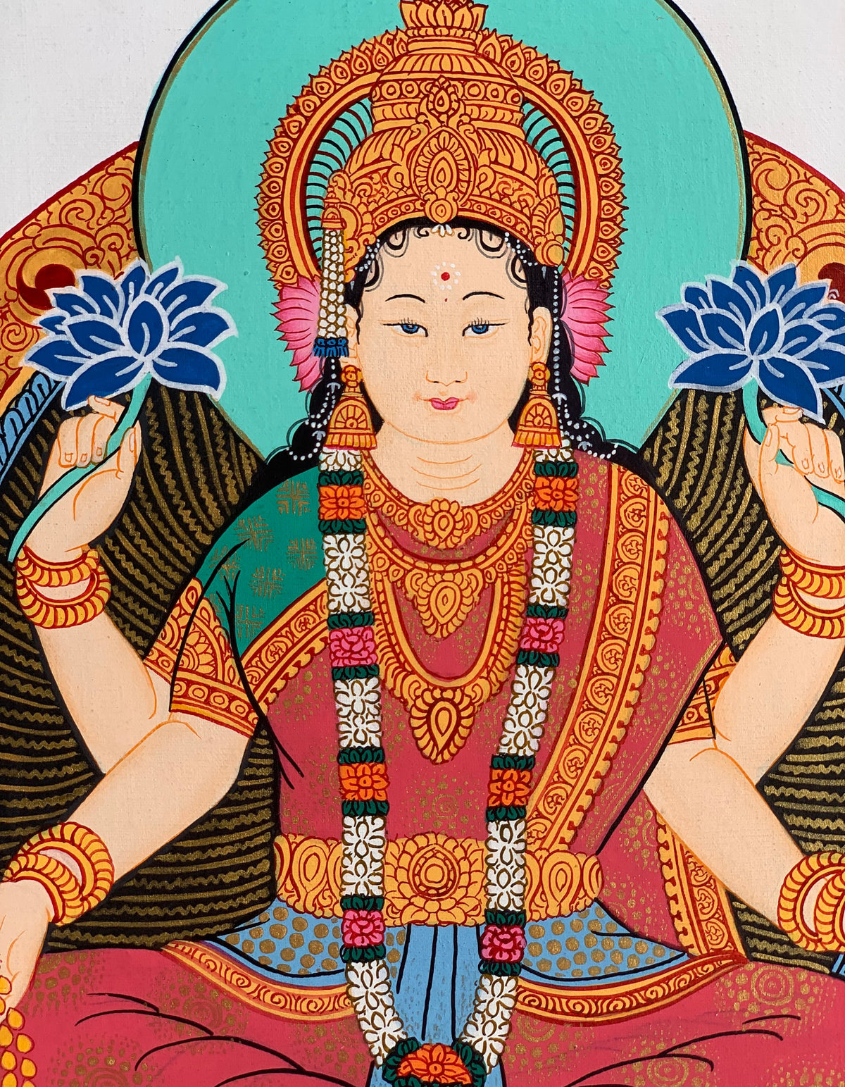 Goddess Laxmi Thangka Painting, Hindu Art with Silk Frame