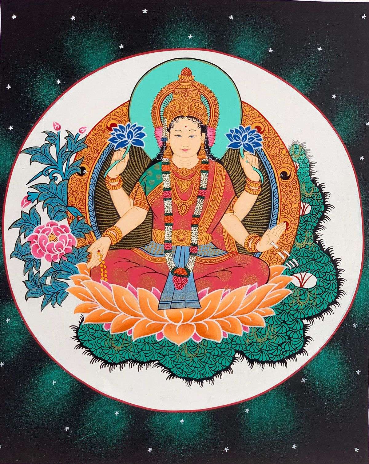 Goddess Laxmi Thangka Painting, Hindu Art with Silk Frame