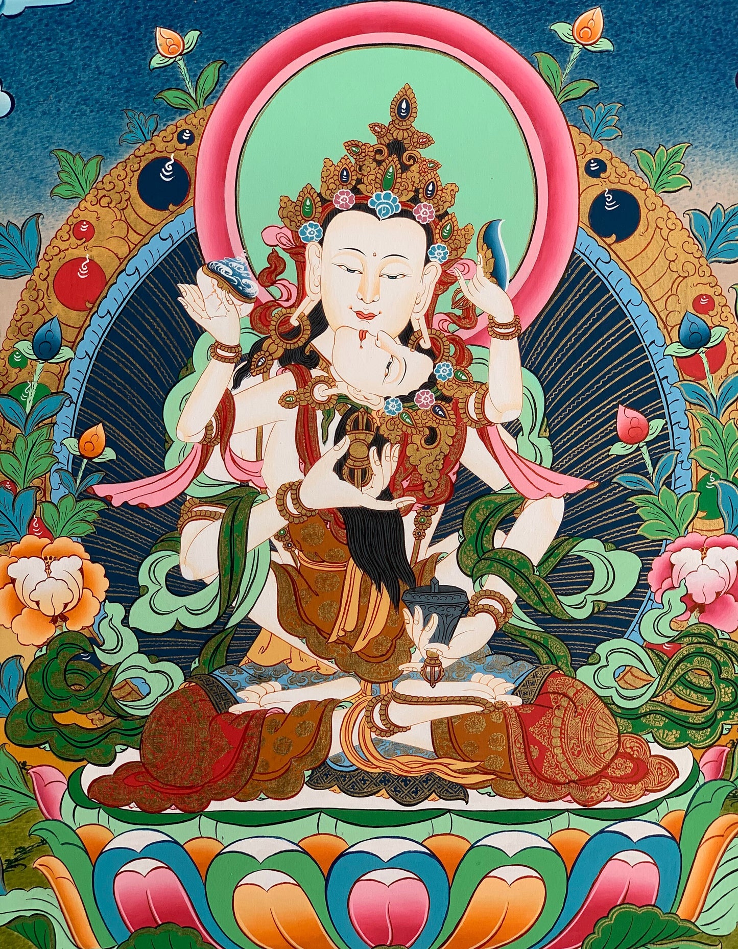 Vajrasattva Shakti Thangka Painting – Hand-Painted Tibetan Buddhist Art in Gold